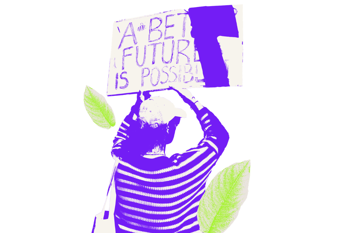 Illustration: Mensch mit K&auml;ppie h&auml;lt ein Demoschild mit Aufschrift 